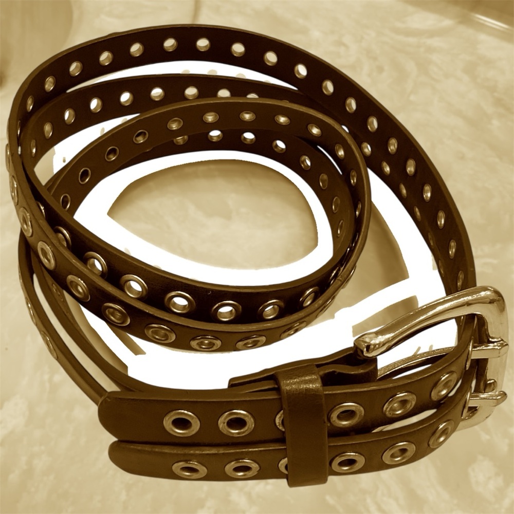 Brown double belt with gold hole details, gold buckle, Sz Small/38” total length